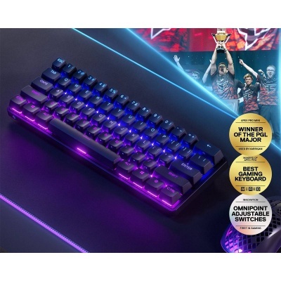 Teclado mecânico preto compacto com luzes RGB em azul e roxo
