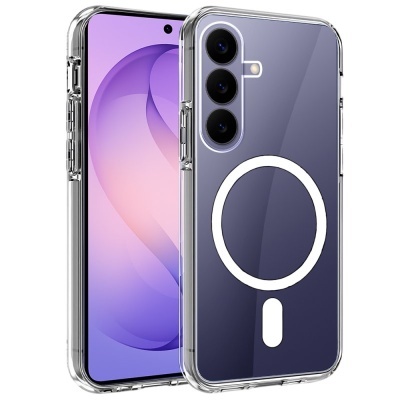 Smartphone com capa transparente e design branco circular na traseira