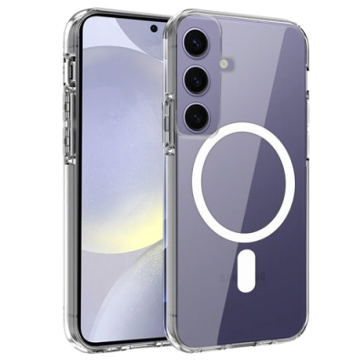 Smartphone Samsung com capa transparente e padrão circular branco