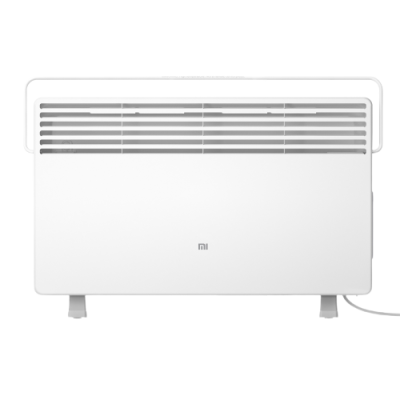 Aquecedor elétrico branco com grelha e logótipo mi