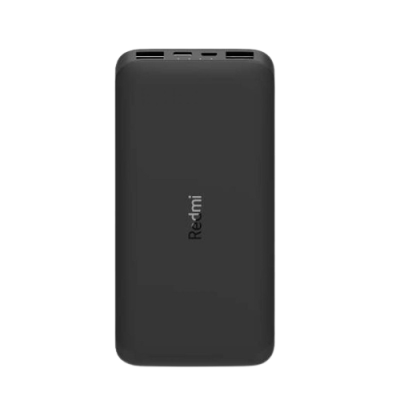 Bateria portátil preta com várias portas no topo e texto Redmi ao centro.