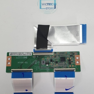 Placa eletrónica verde com cabos planos azuis e fita preta