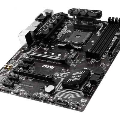 Placa-mãe preta MSI B450-A PRO MAX com slots para RAM e dissipadores de calor