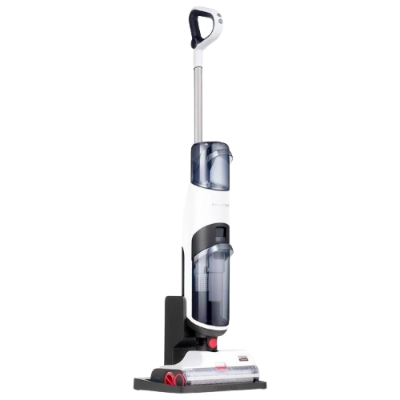 aspirador vertical branco e cinza com base preta e pega triangular