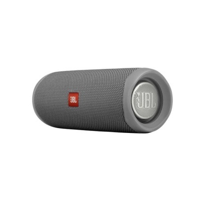Coluna portátil cinza JBL com logótipo vermelho e branco