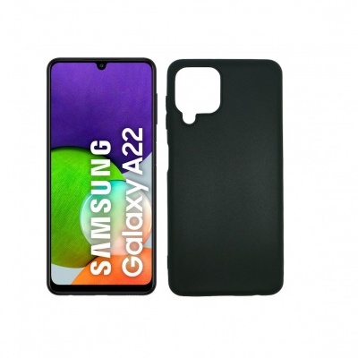 Smartphone Samsung Galaxy A22 com capa protetora preta em fundo branco