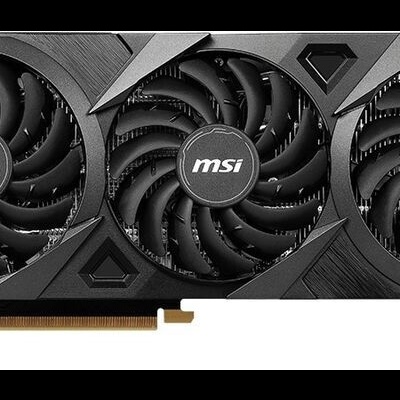 Placa gráfica preta MSI com três ventoinhas e detalhes geométricos