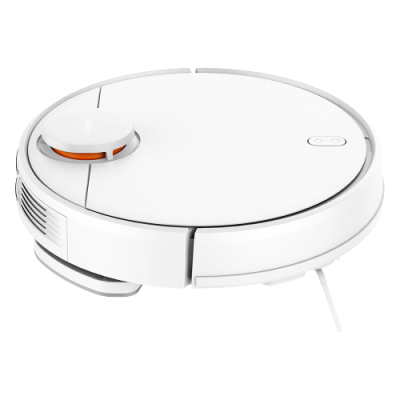 Robô aspirador de pó branco com botão e detalhe laranja