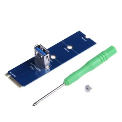 Adaptador riser M.2 PCI-E 3.0 azul com conector USB e ferramentas.
