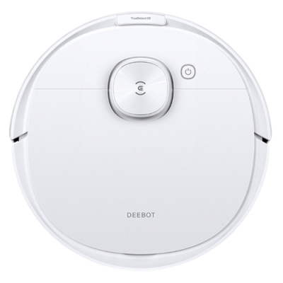 aspirador robô branco redondo com botão de ligar e texto DEEBOT