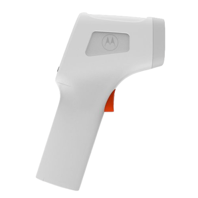 Termómetro digital sem contacto branco com detalhes cinzentos e botão laranja