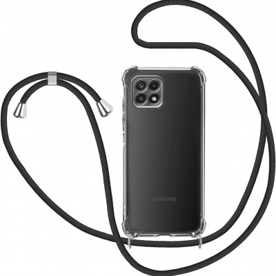 Telemóvel Samsung com capa transparente e corrente preta para pendurar