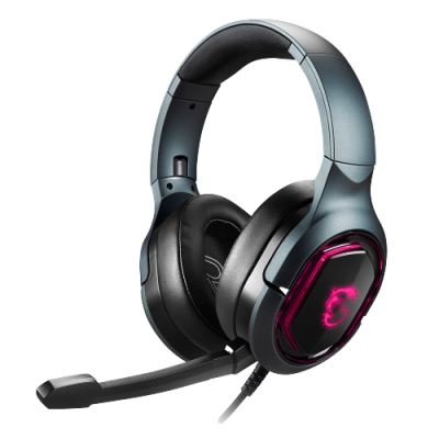 Auricular gaming preto com iluminação LED rosa e microfone