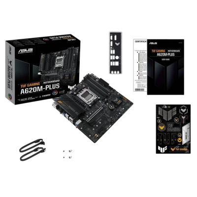 Motherboard ASUS TUF GAMING A620M-PLUS com acessórios e caixa preta e cinzenta