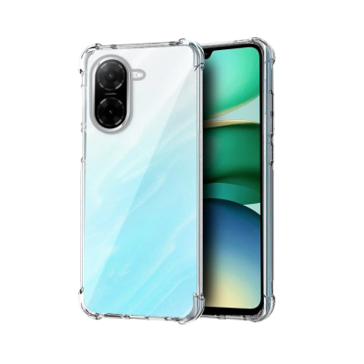 Smartphone branco com capa transparente e ecrã com fundo verde e azul