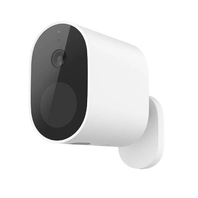 Câmara de segurança branca com parte frontal preta e lente visível