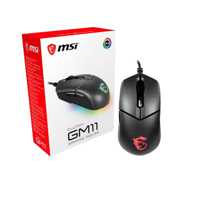 Rato gaming MSI Clutch GM11 preto com luzes RGB e embalagem
