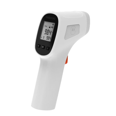 Termómetro digital infravermelho branco Motorola com visor LCD preto a mostrar temperatura