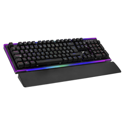 Teclado mecânico preto com iluminação RGB e descanso de pulso