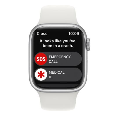 Relógio inteligente com bracelete branca mostrando mensagem de emergência no ecrã.