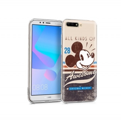 Smartphone Huawei com capa protetora transparente decorada com imagem do Mickey Mouse