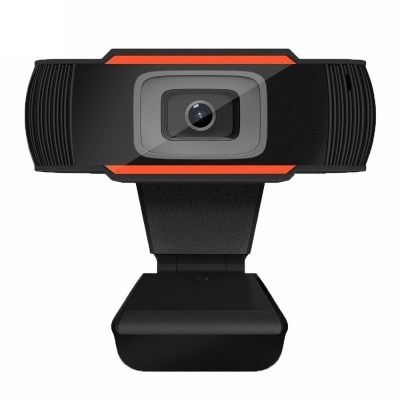 Webcam preta com detalhes em vermelho e lente central