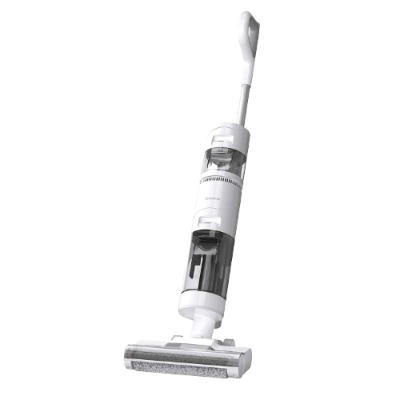 aspirador vertical sem fios branco com base ampla e contentor transparente