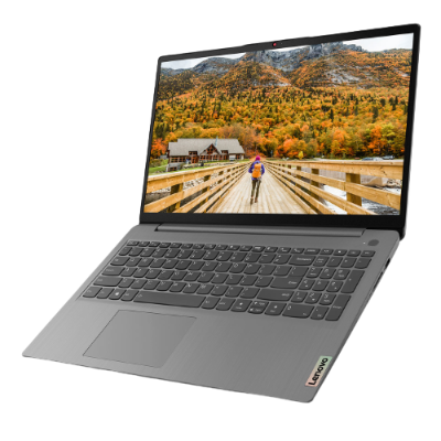 Computador portátil Lenovo cinzento com ecrã a mostrar paisagem de outono