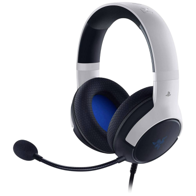 Auricular de jogo branco e preto com microfone e logótipos PlayStation e Razer