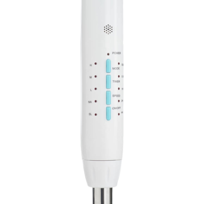 Aparelho elétrico branco com botões azuis e indicadores de níveis