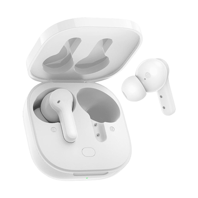 Auscultadores wireless brancos com estojo de carregamento aberto