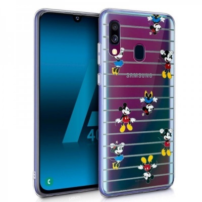 Smartphone Samsung com capa transparente e desenhos de Mickey Mouse