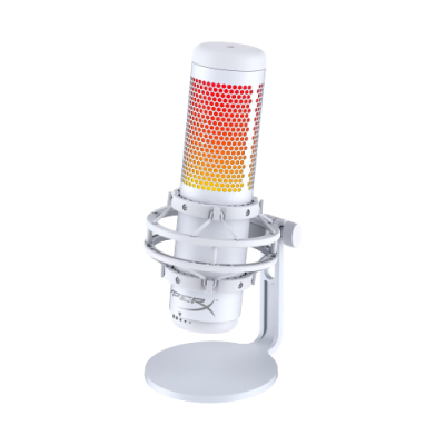 Microfone branco com suporte e grelha colorida em degradê vermelho para amarelo