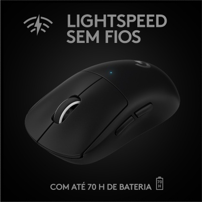 Rato de computador preto sem fios com luz azul e texto promocional