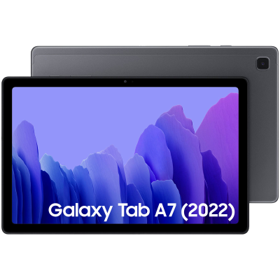 Tablet Samsung Galaxy Tab A7 (2022) com ecrã azul-roxo e corpo cinza escuro