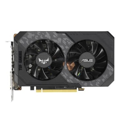 Placa gráfica ASUS TUF GAMING preta com duas ventoinhas grandes e detalhes em cinzento