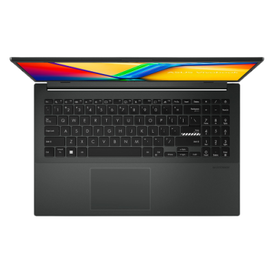 Portátil preto com teclado QWERTY e ecrã aberto colorido