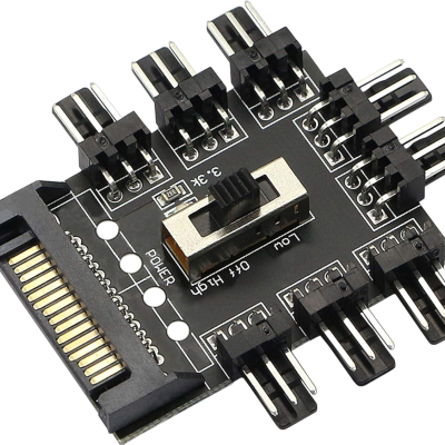 Placa eletrónica preta com vários conectores e interruptor deslizante