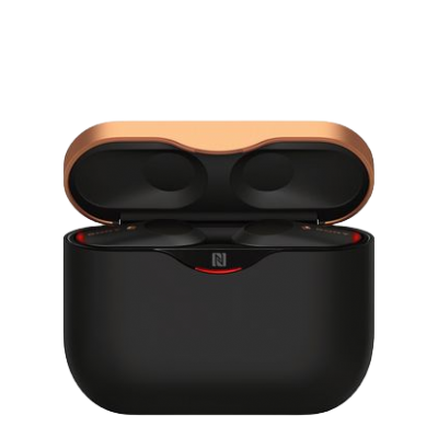 Auriculares sem fios preto com estojo de carga aberto e tampa bronze