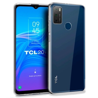 Smartphone TCL 20Y azul com ecrã frontal e traseira brilhante.