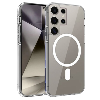 Smartphone com capa protetora transparente e símbolo branco na parte traseira