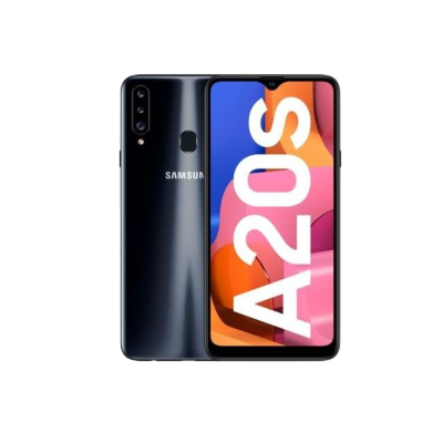 Smartphone Samsung A20S preto com ecrã colorido e três câmaras traseiras