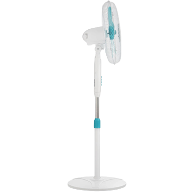 Ventoinha de pé branca com detalhes azul-turquesa