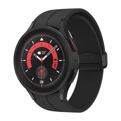 Relógio inteligente preto com mostrador redondo e bracelete preta, com gráfico vermelho e informações digitais