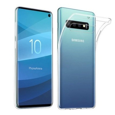 Smartphone Samsung azul com ecrã frontal e traseira mostrados, capa protetora transparente na traseira