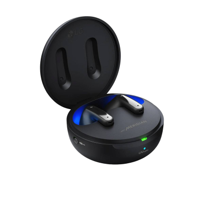 Estojo e auscultadores wireless LG pretos com luz verde e texto UVnano e MERIDIAN