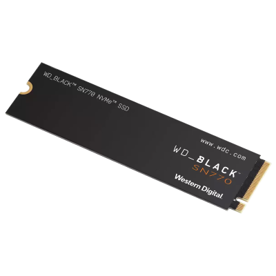 Disco SSD NVMe Western Digital WD_BLACK SN770 preto com texto branco e laranja