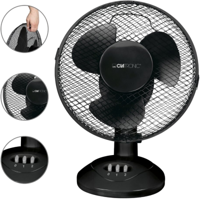 Ventoinha de mesa preta com três pás e controlo de velocidade.