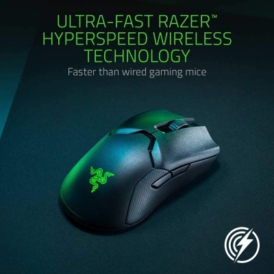Rato gaming sem fios Razer preto com luz verde e texto de tecnologia