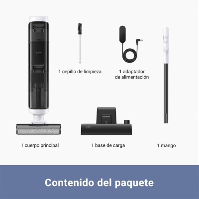 Conjunto de limpeza com corpo principal, mango, base de carga, cepillo de limpieza e adaptador